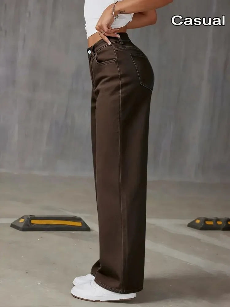 Women's Coffee Brown Wide Leg Jeans High Waisted Super Stretchy Loose Fit Denim Trousers Streetwear