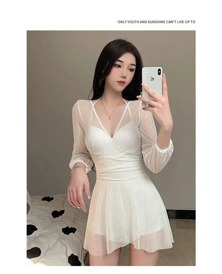 Swimsuit Women's One-piece Dress Style Conservative Belly-covering and Slimming Hot Spring Long-sleeved Sun Protection Vacation