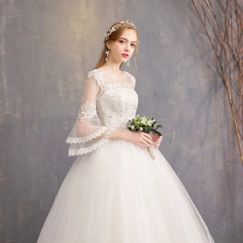 Elegant O-neck Appliques Illusion Lace Tulle Wedding Dresses 2025 Sweep Train Ball Gowns Bridal Gowns Vestido De Noiva