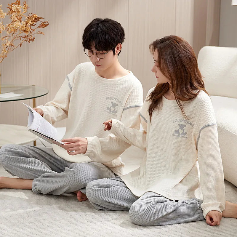 Couple Long Sleeves Sleepwear Autumn Winter Cotton Pajama Sets Print Pants Homewear Kawaii Clothes 2 Piece Sets Nightwear Lovers