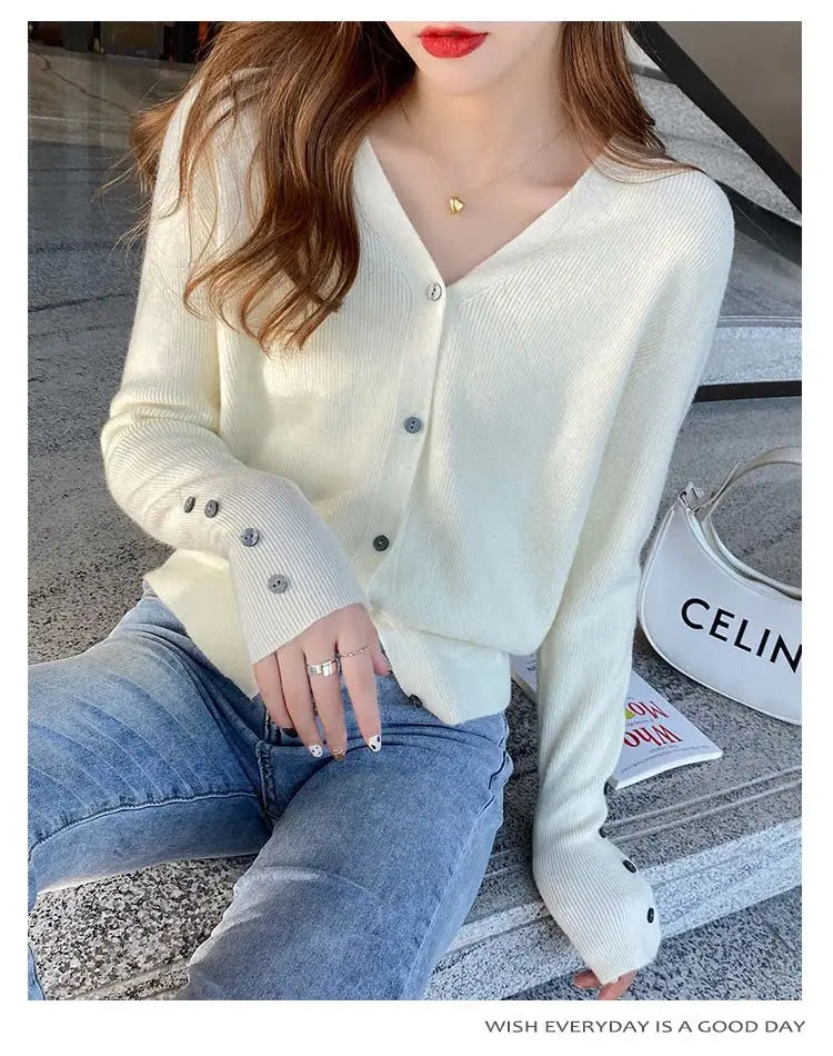 2025 Autumn And Winter Casual Sweater V Neck Women Korean Fashion Tops Long Sleeve Solid Basic Knitted Cardigan Female