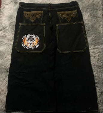Street American skull pattern pocket printed high waist jeans summer casual niche trend fashionable hip-hop wide-leg trousers