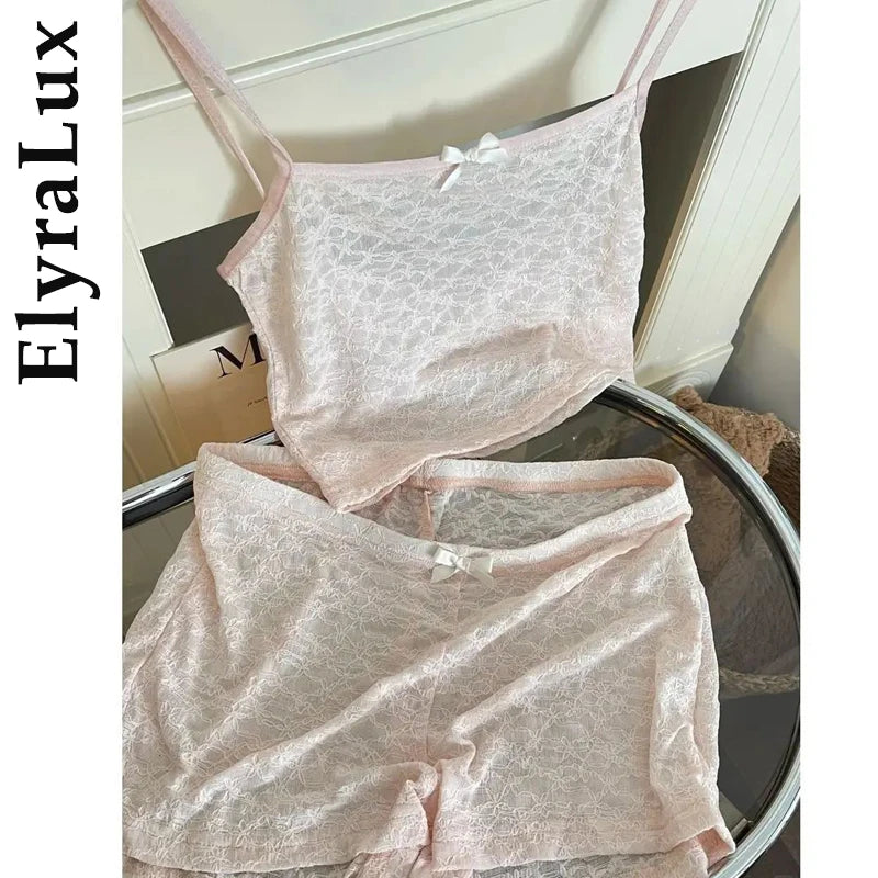 ElyraLux Women's Sexy Pajama Lace Suspenders Shorts Two Piece Summer Slim Fit Clothes Sweet Style Sleeveless Matching Outfits