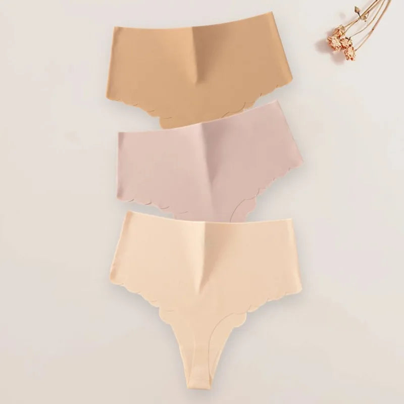 3Pcs/Set High-Waist Women's Panties Thongs Plain Slip Silk Wave Edged Fashion Seamless Female Underwear G-String for Ladies XS-L