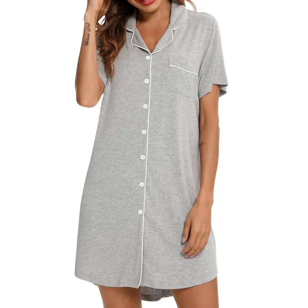 Women Summer Nightdress Short Sleeve Shirt Type Lapel V Neck Single-breasted Loose Homewear Sleep Dress Nightwear