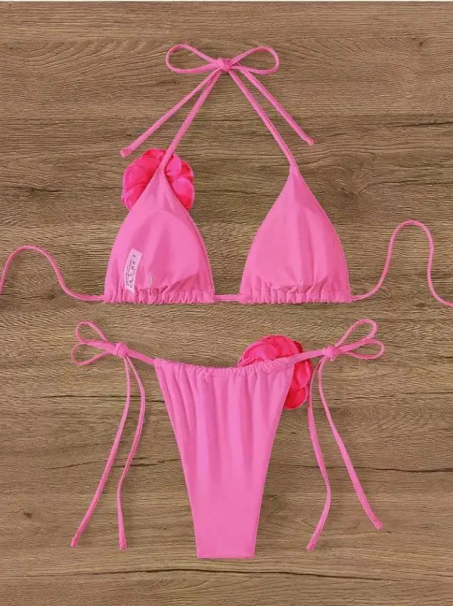 S - L Sexy 3D Flowers Halter Strappy Bikini Women Swimwear Female Swimsuit Two-pieces Bikini Set Bather Bathing Suit Swim