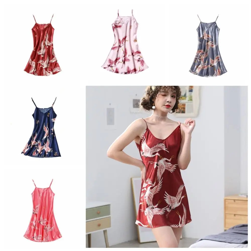 Red-crowned Crane Women's Pajama Dress Thin Homewear Ice Silk Suspender Nightdress Party Dress Sleeveless Slim Sling Nightgown