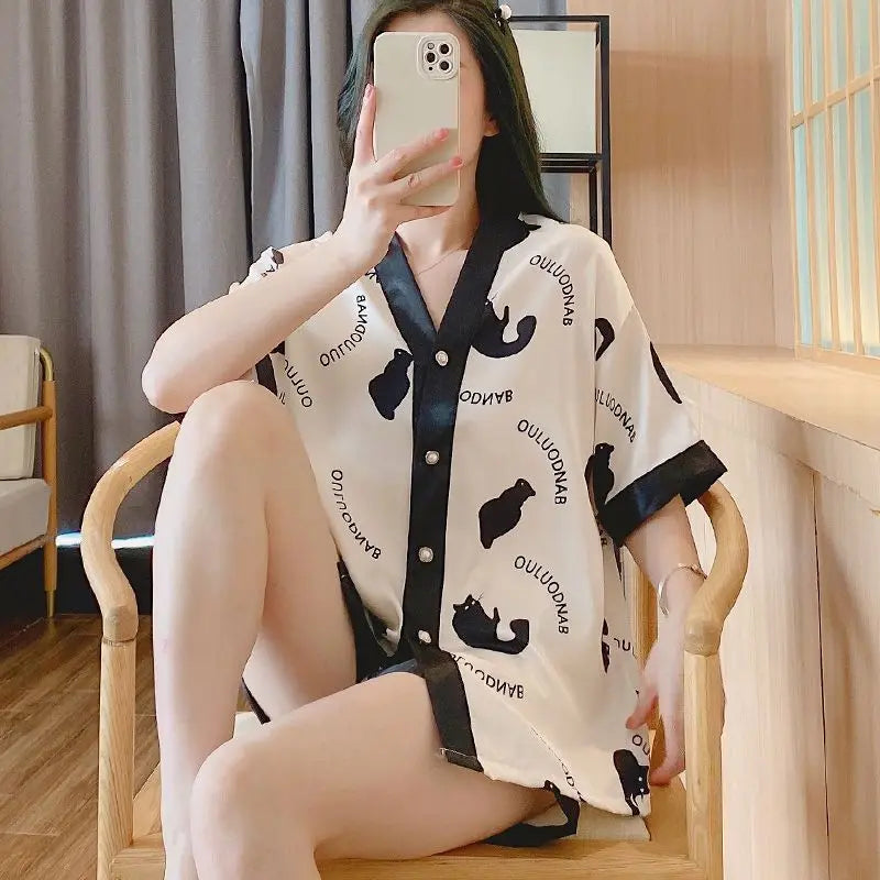 Luxury Women Silk Sleepwear Summer Short Sleeve Cardigan Shorts Two Pieces Homewear Kawaii Clothing Pajama Sets Nightwear Korean
