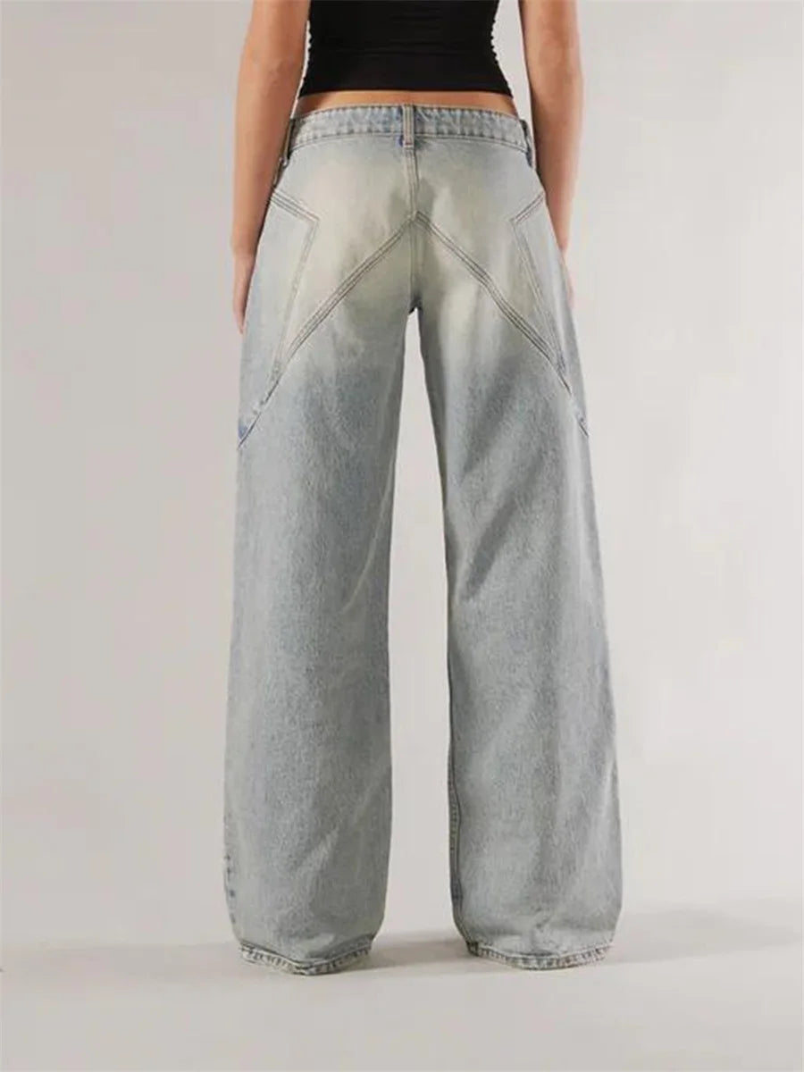 Women's Fall Jeans with Pockets Fashion Loose Fit Casual Solid Low Rise Wide Leg Denim Pants