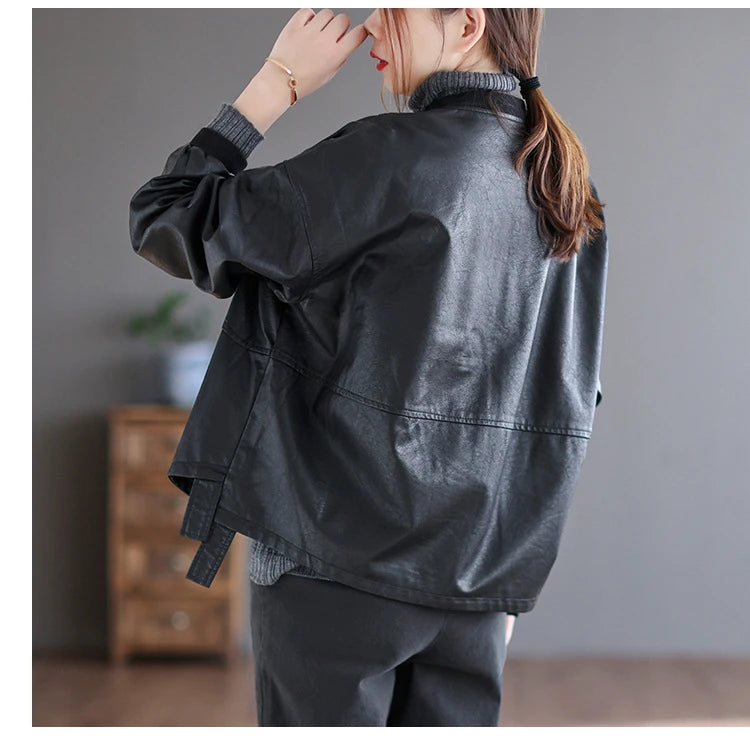 Amax luluE 2024 Autumn Fashion Biker Clothes Womens Loose Vintage Faux Leather Jackets Luxury Punk Pu Coats Black Big Outerwear