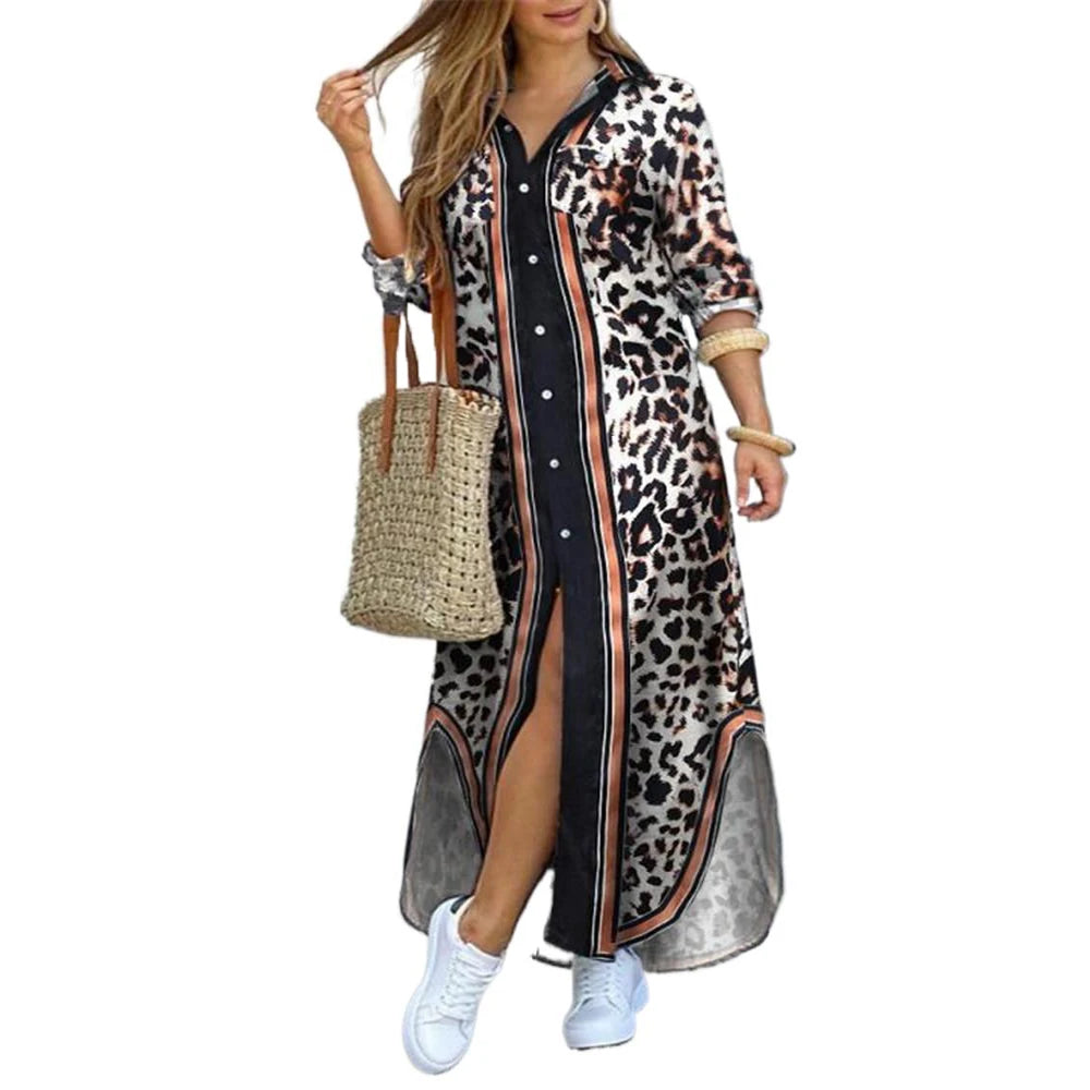 Camouflage Leopard Letters Floral Printed Dresses for Women 2025 Buttons Long Sleeve Loose Split Casual Solid Maxi Dress Robe