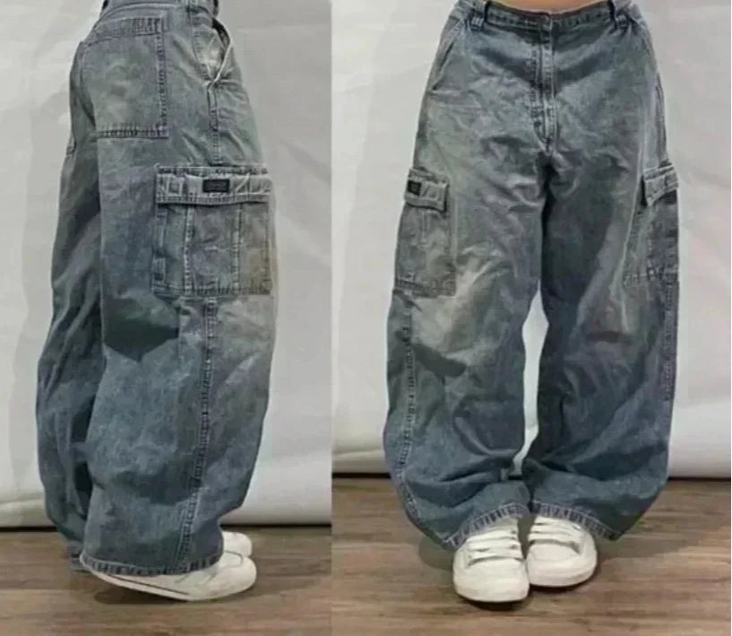 American Street Fashion Trend Big Pocket Loose Jeans Women Harajuku Y2K New Hip Hop Vintage Oversized Jeans Unisex Mopping Jeans
