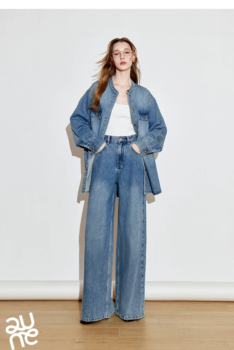 TOYOUTH Women Denim Jeans 2025 Spring New High Street Retro Pure Cotton Wide Leg Long Pants