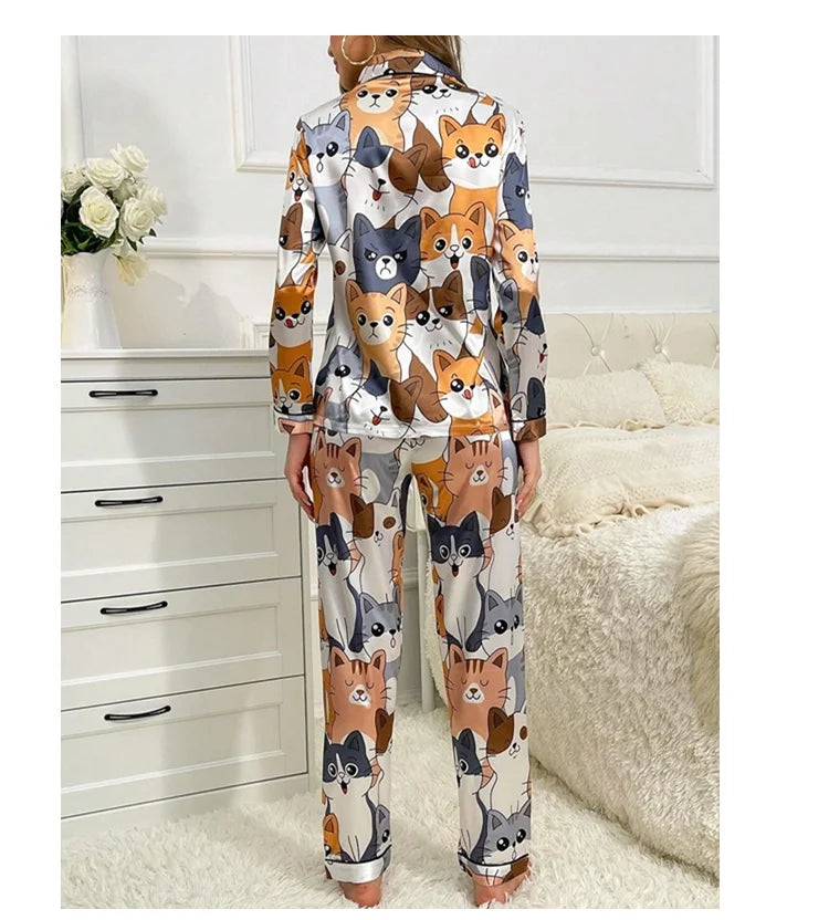 Cute Cat Print Pajama for Women Satin Long Sleeve Lapel Collar Tops & Pants Pyjama Loungewear for Fall Ladies Sleepwear Pj Sets