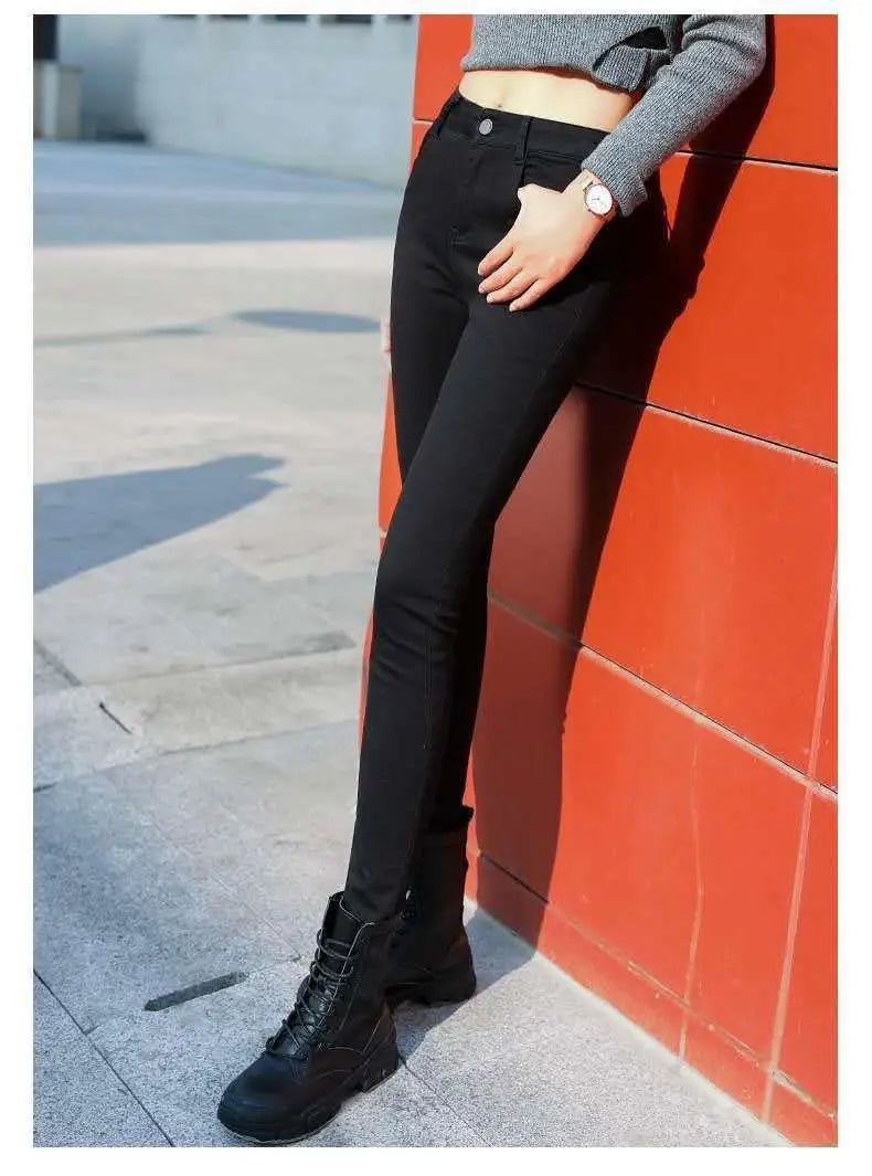 High Waist Women's Skinny Jeans Elastic e ey Slimming Versatile Long Pants Korean Sle Cotton Stretch Denim