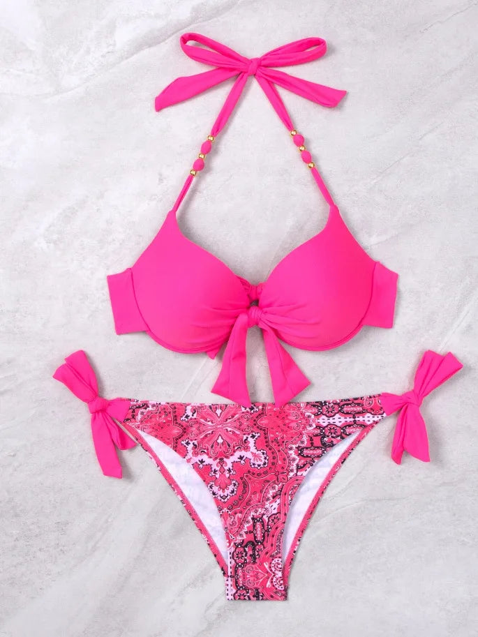 2026 Push Up Halter Bikini Printed Swimsuit Women Sexy Strappy Swimwear Female Bathers Bathing Swimming Swim Suit Beachwear