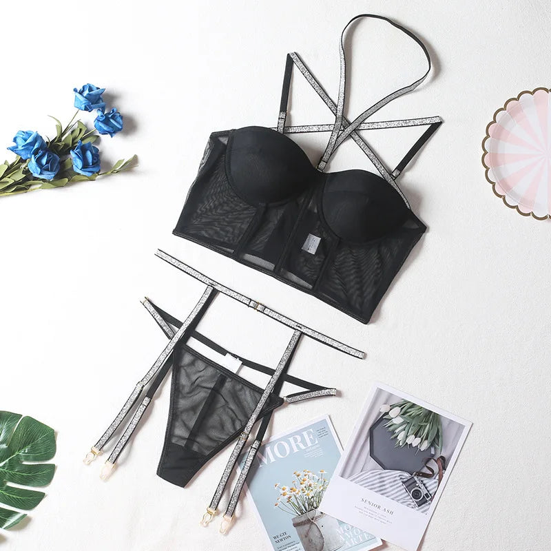 Lingerie Set Lace Sequin Bra Ellolace Lingerie Bra Set Bra Brief Sets Women 3 Pieces Set Lingerie
