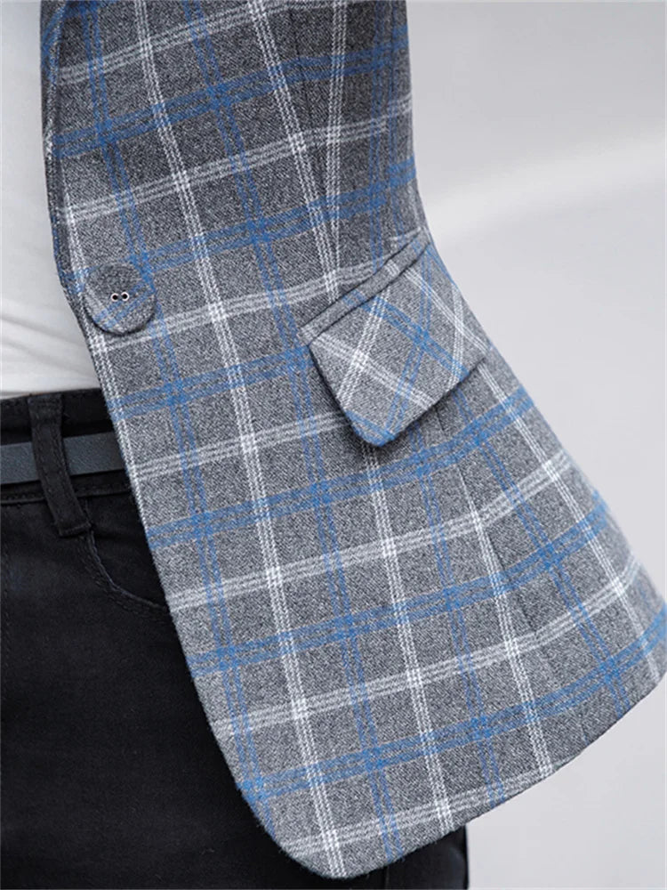 Yitimuceng Plaid Wool Blazers for Women 2026 New Office Ladies Long Sleeve Jacket Vintage Turn Down Collar Single Button Coats