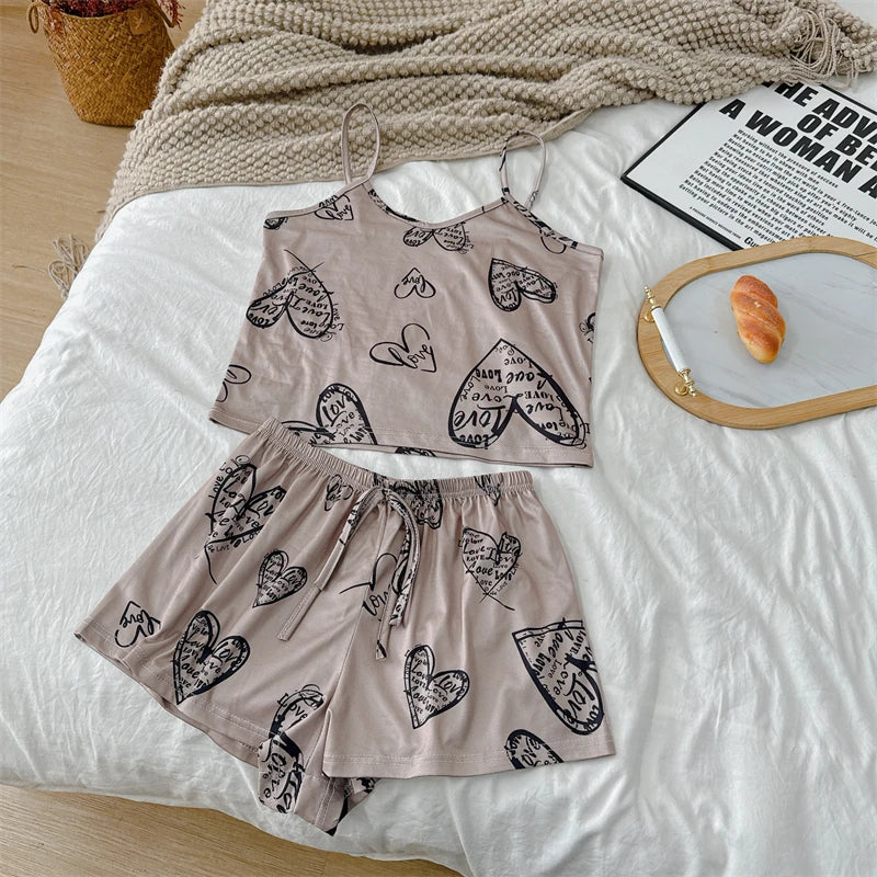 Summer Women's Cherry Print Pajama Set Sexy Ice Silk Sleeveless Vest and Shorts Girls Casual Cute Printed Sleepwear for Lounging
