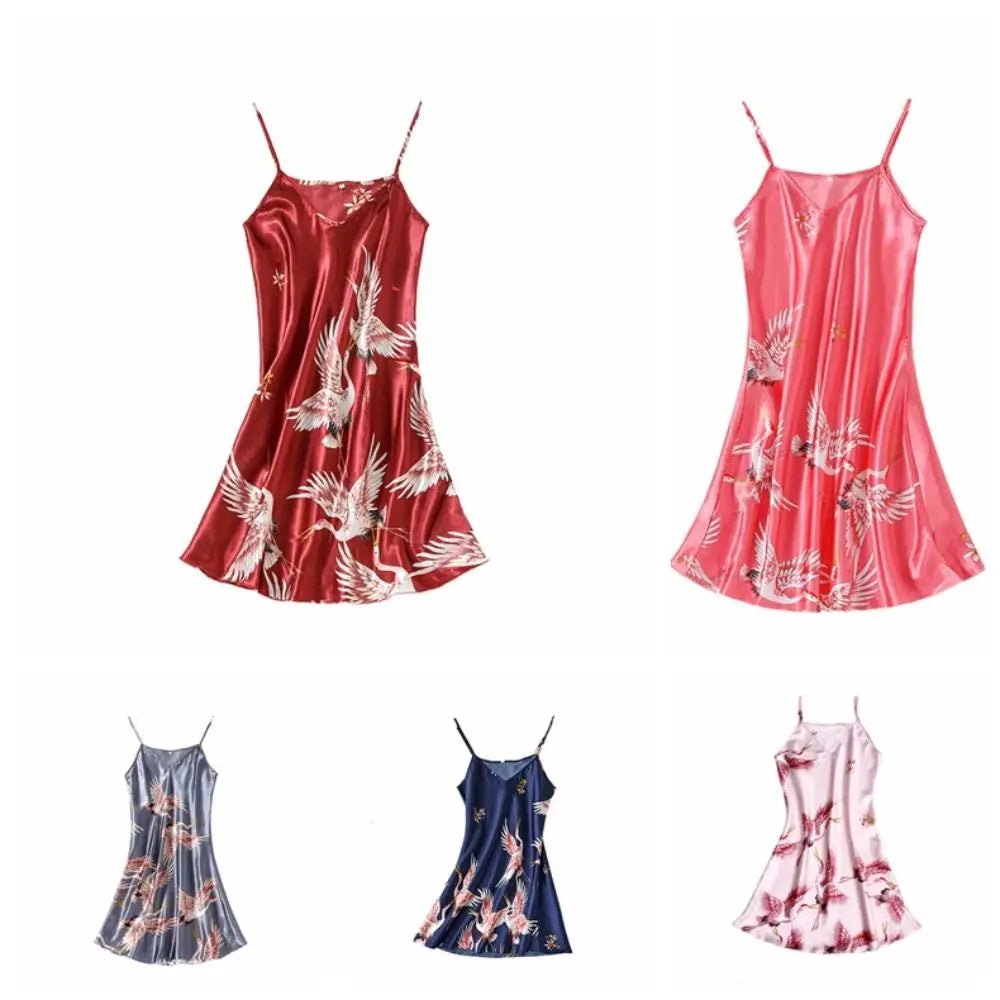 Red-crowned Crane Women's Pajama Dress Thin Homewear Ice Silk Suspender Nightdress Party Dress Sleeveless Slim Sling Nightgown