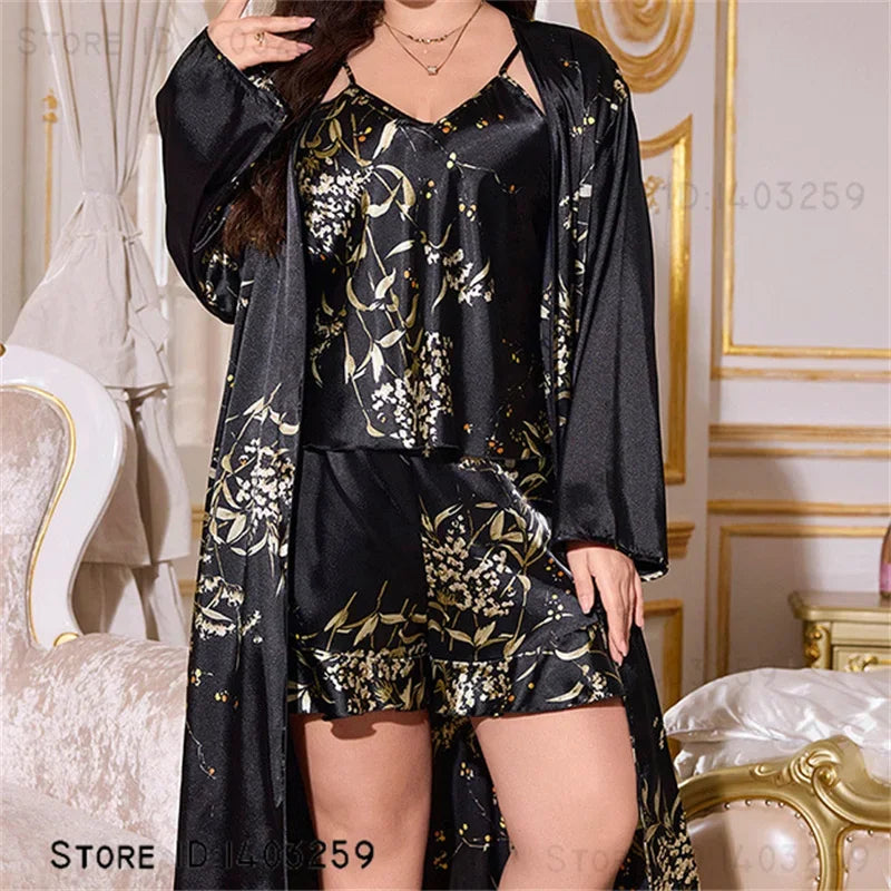 Large Size Female 3PCS Robe Pajamas Set Sexy Print Flower Kimono Batrobe Gown Spring Summer Sleepwear Homewear Satin Loungewear