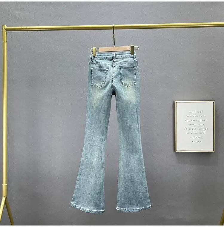 Slim-Fit Denim Micro Flared Pants Female Tide New Fashion Elastic High Waist Rhinestone Button Zipper Temperament Joker Pants