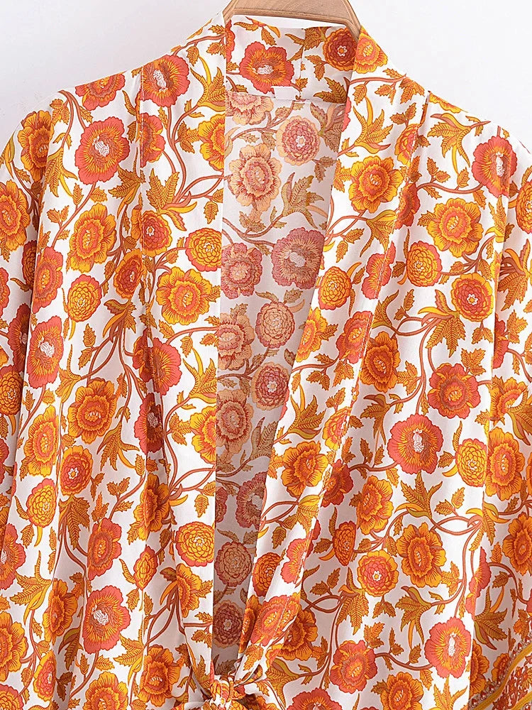 Vintage Women Fashion Boho Kimono Short Robe Swimsuits Floral Batwing Sleeves Rayon Bohemian Bikini Cover Ups Beachwear