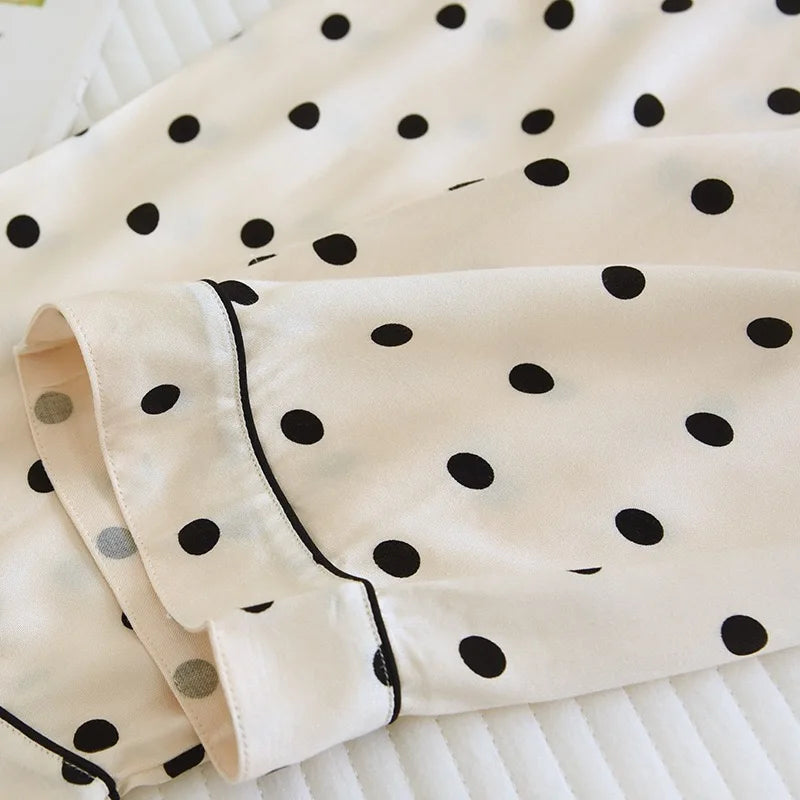 2023 Spring/Summer New Women's Pajama Set Gongsatin Cotton Women's Pajama Silk 100% Viscose Polka Dot Print Sleepwear 2-Piece