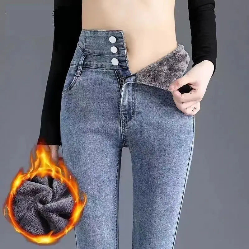 Trendyol Fashion High Waist Plus Fleece Elastic Jeans Women Clothing 2024 Winter Slim Korean Vintage Distressed Pencil Pants