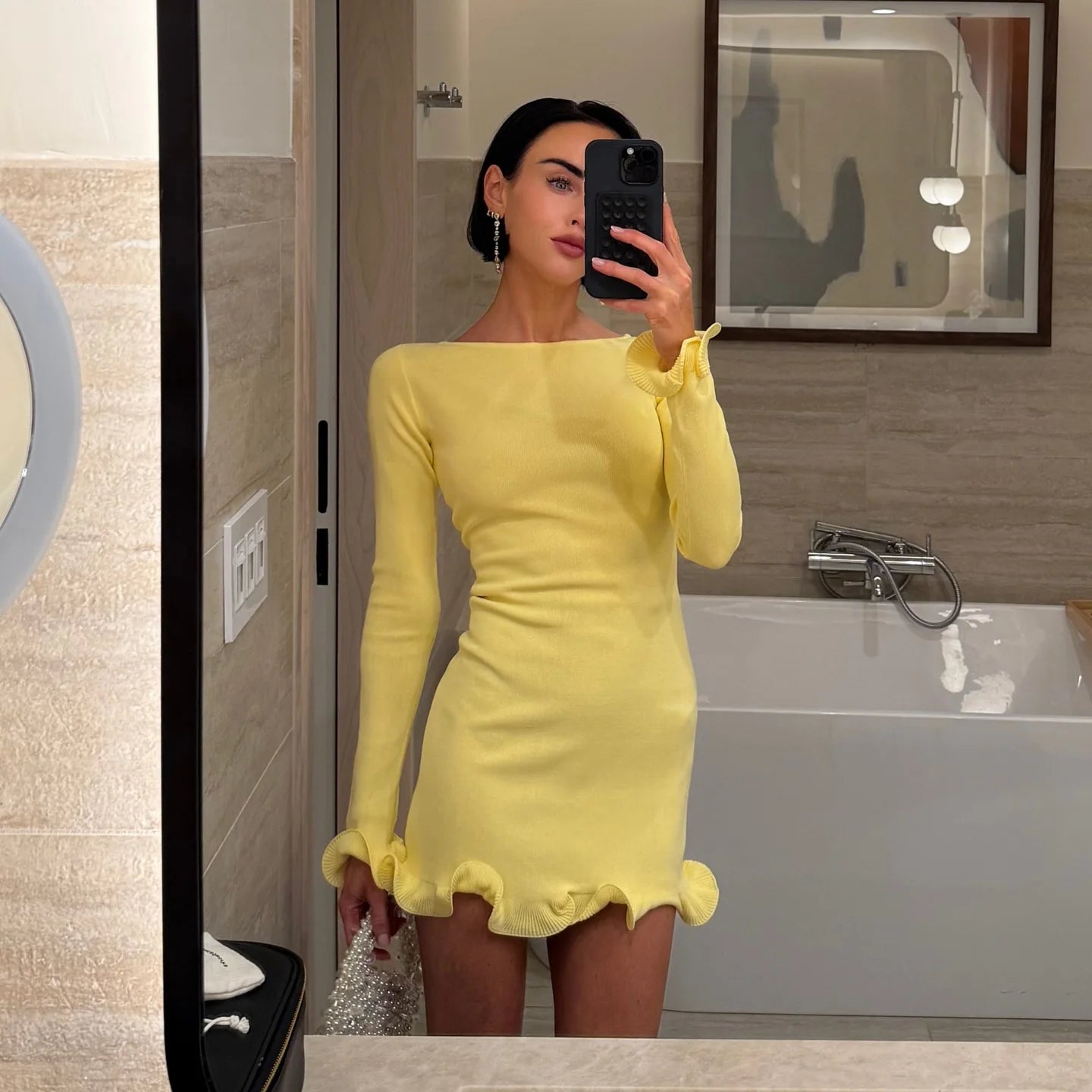 Women Solid Color Ruffles Hem Mini Dress Elegant O Neck Long Sleeve Slim Fit Gown Summer Vacation Holiday Party Dress