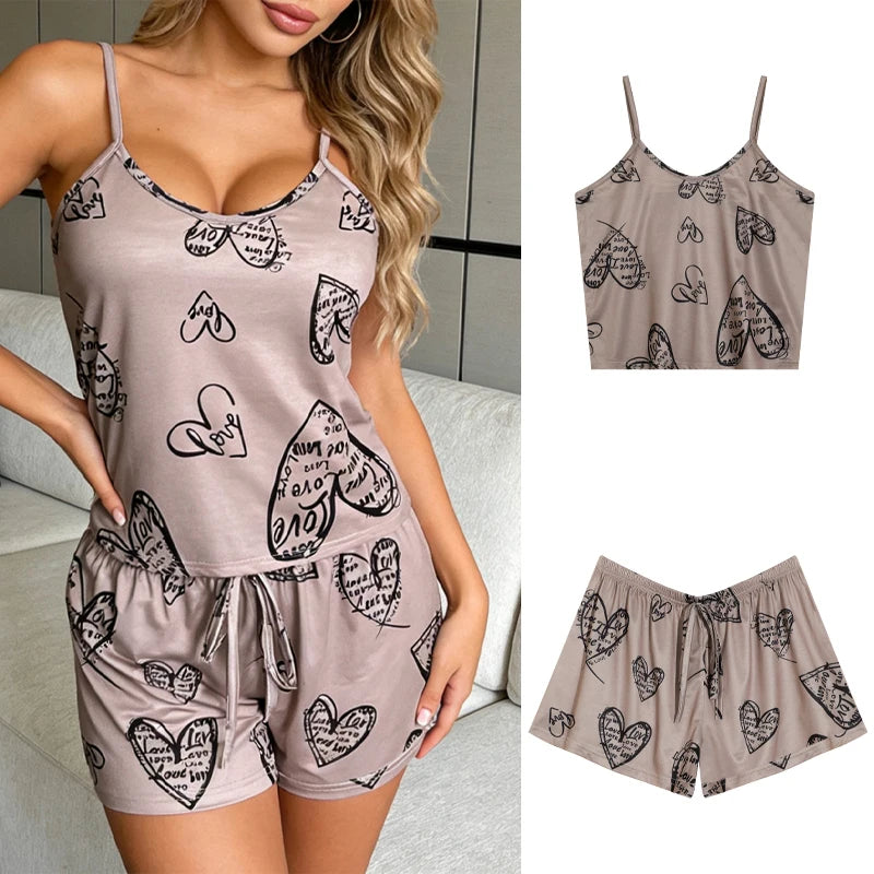 Summer Women's Cherry Print Pajama Set Sexy Ice Silk Sleeveless Vest and Shorts Girls Casual Cute Printed Sleepwear for Lounging