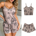 Summer Women's Cherry Print Pajama Set Sexy Ice Silk Sleeveless Vest and Shorts Girls Casual Cute Printed Sleepwear for Lounging