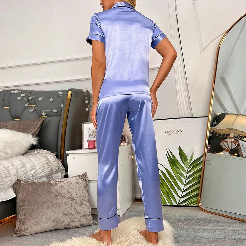 Spring Autumn pajama women Silk Satin pajamas set Long sleeve Shirt with Trouser Sleepwear Loungewear Female Pyjamas Suits Mujer