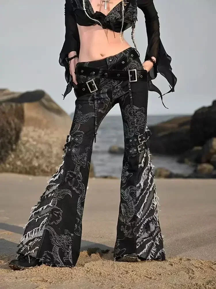 American Subculture Printed Dragon Pattern Raw Edge Slightly Flared Jeans Women's Personalized Low-waisted Slim Fit Flared Pants