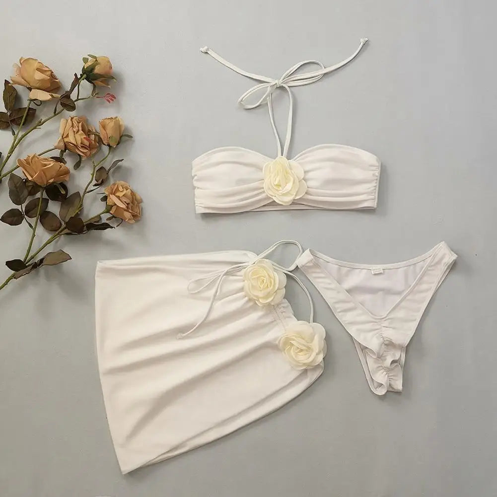 3Pcs/Set Women Summer Bikini Set 3D Rose Flower Decor Halter Bandeau Pleated Bra Swimming Trunks Overskirt Set Swimsuit 수영복 세트