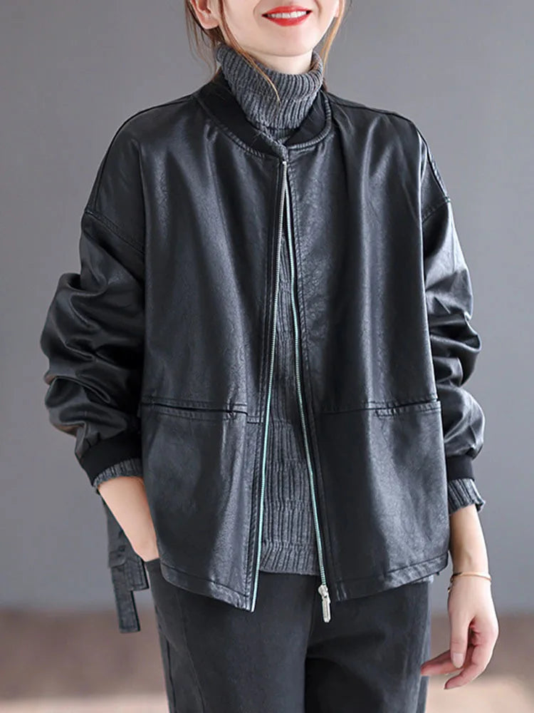 Amax luluE 2024 Autumn Fashion Biker Clothes Womens Loose Vintage Faux Leather Jackets Luxury Punk Pu Coats Black Big Outerwear