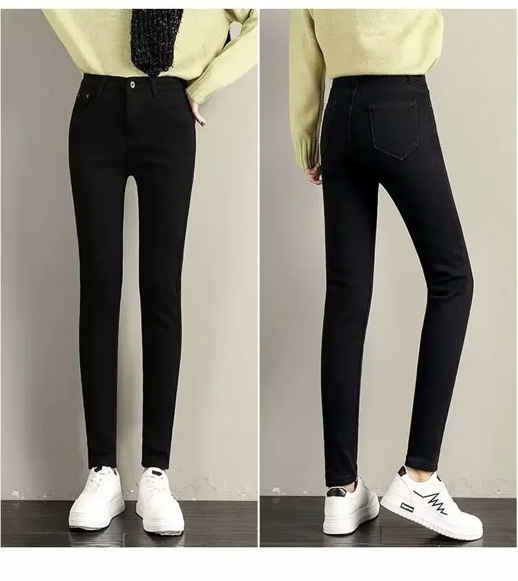 High Waist Fleece Lined Skinny Jeans Women's Autumn Winter New Style Pure Color Slimming Tight Fit Ankle Length Pants