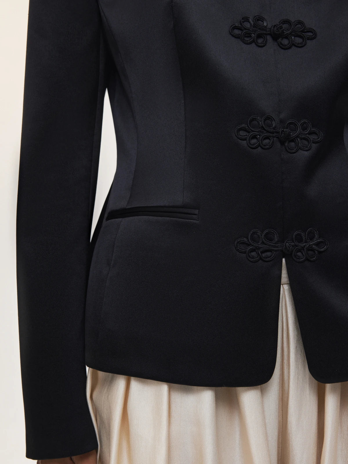 DFDG Women's Spring Summer Satin Mandarin Collar Knot Button Blazer Chic Formal Casual Wear 2026 Trendy Feminine Fashion Coat
