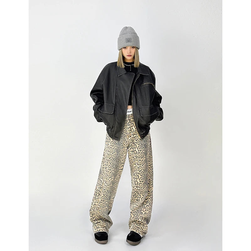 American Retro High Street Casual Overalls Leopard Print Loose Wide Leg Pants For Women Y2k Hip-hop Cargo Grunge Baggy Trousers