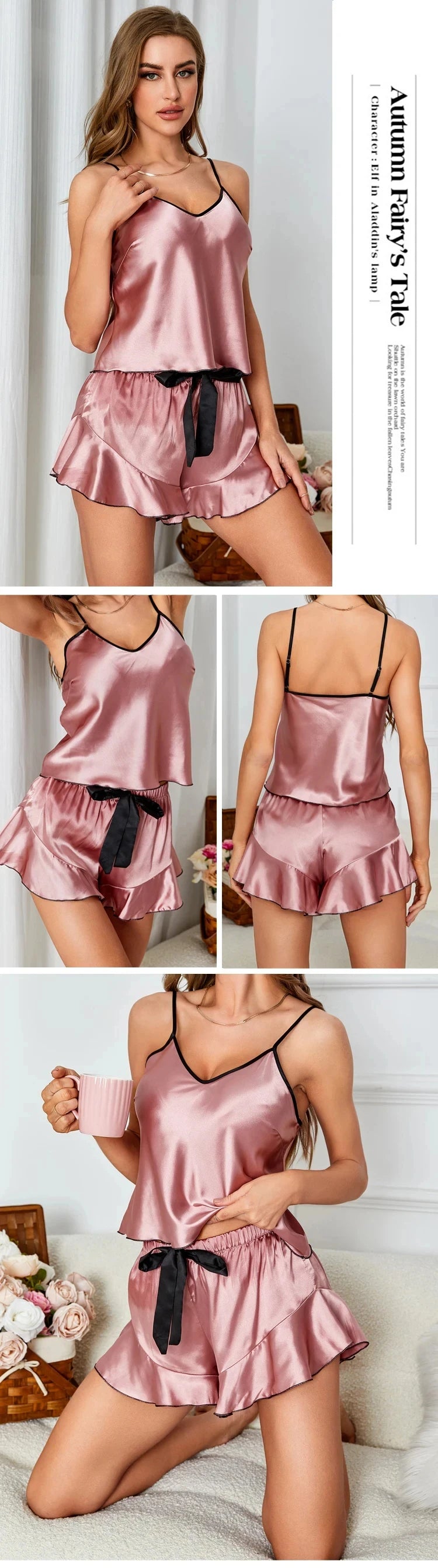 Women's Smooth Satin Pajamas V-Neck T-Shirt Ruffled Edges And Bow Shorts Simple And Breathable Pajama Set Sling Home Clothing