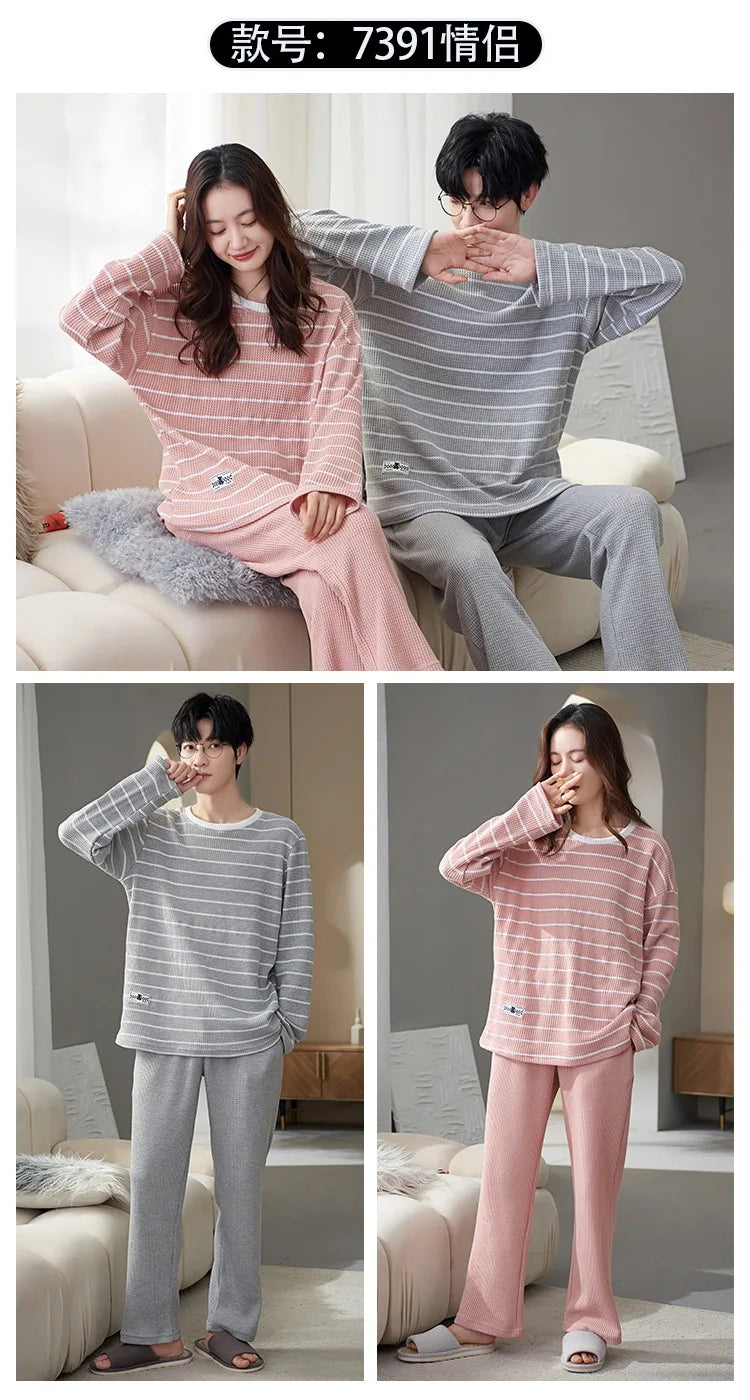 Couple Long Sleeves Sleepwear Autumn Winter Cotton Pajama Sets Print Pants Homewear Kawaii Clothes 2 Piece Sets Nightwear Lovers