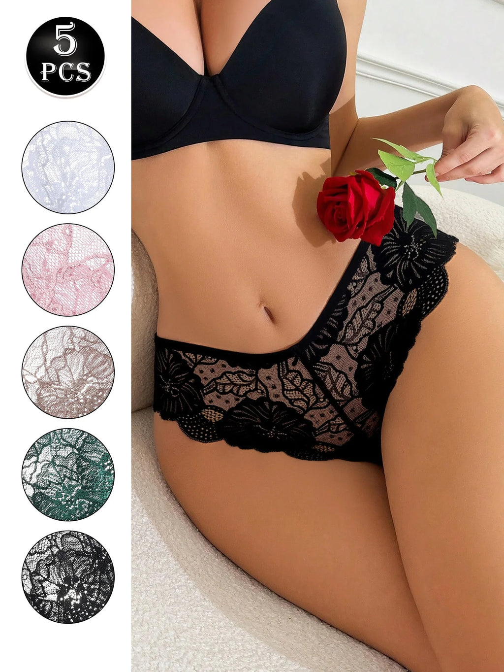 5PCS Women Floral Lace Panties Sexy Perspective Underwear Low Waist Solid Underpants Breathable Intimates Female Lingerie M-XL