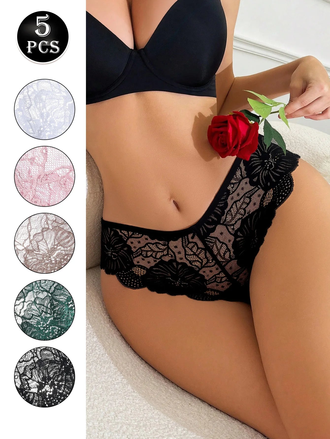 5PCS Women Floral Lace Panties Sexy Perspective Underwear Low Waist Solid Underpants Breathable Intimates Female Lingerie M-XL