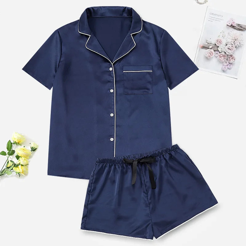 New Female Short Sleeve Shorts Pajamas Set Spring Summer Satin Sleepwer Pijamas Suit Loose Solid Green Home Wear Loungewear