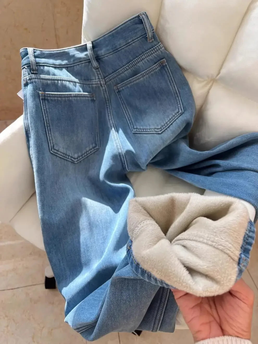 Thickened Fleece High Waist Straight Leg Jeans Women Winter New Style Loose Slim Wide Leg Pants Floor-Length Trousers