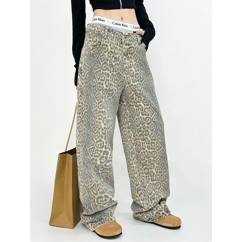 American Retro High Street Casual Overalls Leopard Print Loose Wide Leg Pants For Women Y2k Hip-hop Cargo Grunge Baggy Trousers