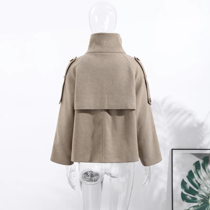 Elegant Stand Collar Long Woolen Coat Women Loose Full Sleeve Single Breast Warm Overcoat 2026 Spring Lady Outwear New