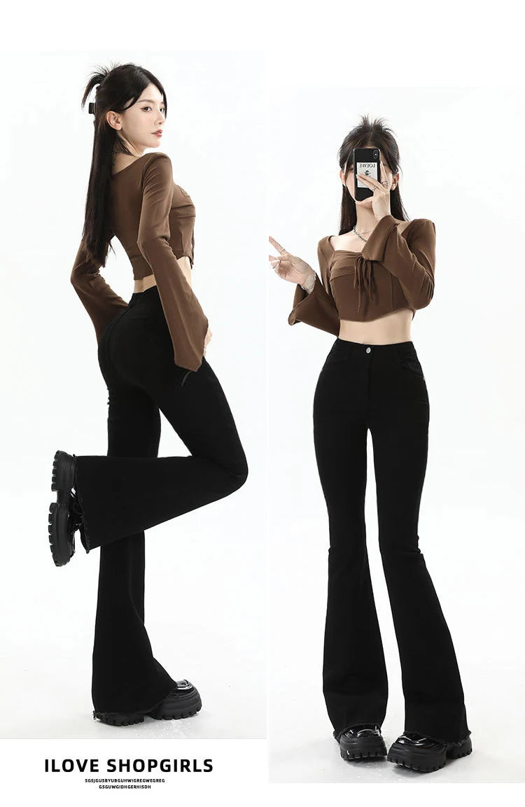 BIVIGAOS 2025 New Autumn Spring Micro Flared Jeans Women High Waist Slim Tight Retro Tassel Hem Stretch Denim Horseshoe Pants