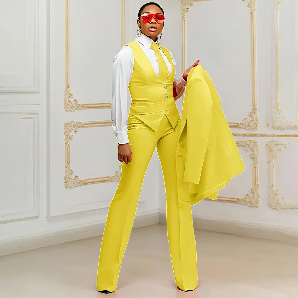 Orange Women's Suits Customized Plus Size Formal Single-breasted Peaked Lapel Three Pieces (Jacket+Pants+Vest) Office Lady Set