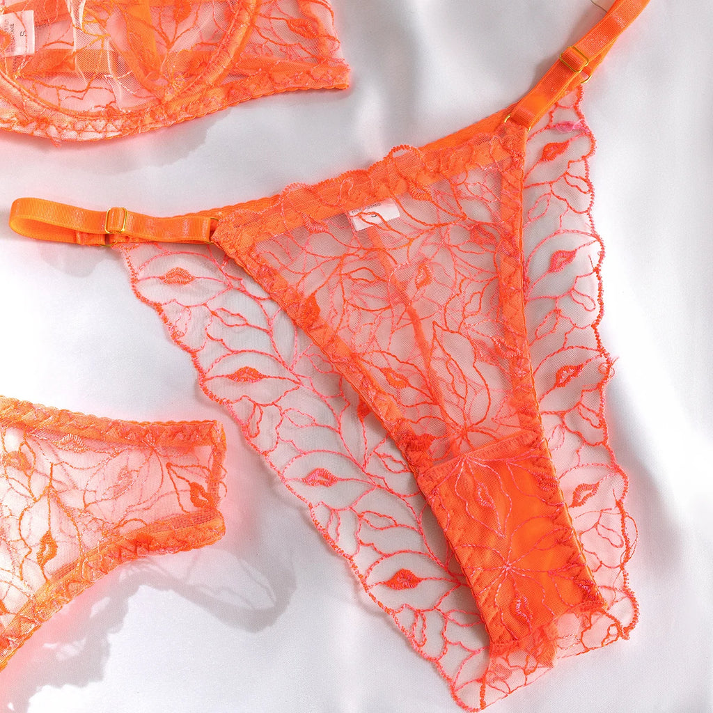 Krasapt Sexy Orange Transparent Lips Embroidery 3pcs Fancy Woman Bra And Panty Underwear Set With Leg Rings Erotic Lingerie Sets